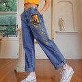 Vintage Star Moon Night Sky Women Heans Pattern Print Autumn Winter Demin Trouser Blue Pants Bottom E-Girl Kawaii Korean Japanese Harajuku Streetwear