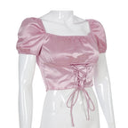 Cute Vintage Pink Silky Satin Short Sleeve Shirt Crop Top Lace Up Elegant Aesthetic Casual Summer E-Girl Kawaii Korean Japanese Harajuku