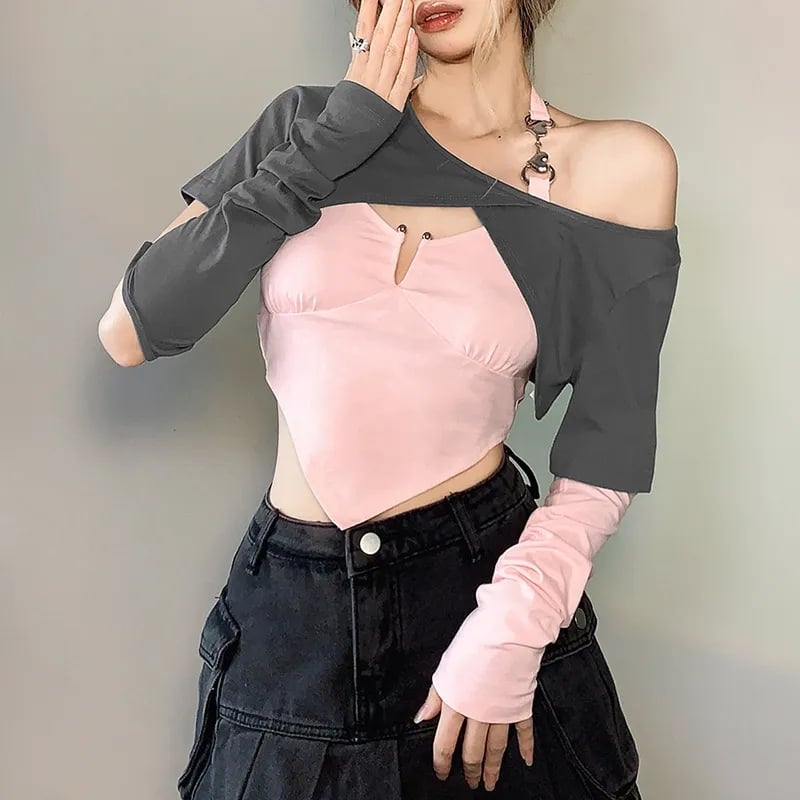 2PCS Sweet Pink Irregular Wrap Off Shoulder Short Sleeve Shirt