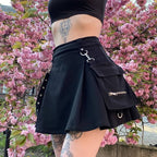 Cute Sexy Punk Goth Black High Waist Mini Skirt Patchwork Bandage Bottom E-Girl Kawaii Korean Japanese Harajuku Chinese Retro Streetwear Aesthetic