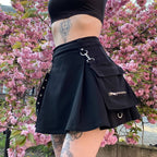 Cute Sexy Punk Goth Black High Waist Mini Skirt Patchwork Bandage Bottom E-Girl Kawaii Korean Japanese Harajuku Chinese Retro Streetwear Aesthetic