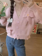 White Bow Knit Cardigan Sweater