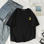 Cute Casual Cartoon Moon Sun Star Cloud Embroidery Loose T-shirt Short Sleeve Tee Shirt Top E-Girl Kawaii Korean Japanese Harajuku Retro Streetwear