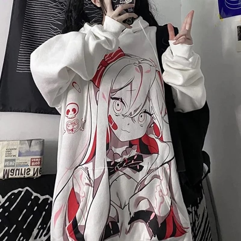 Cute Pink Anime Girl Cartoon Graphic Print Oversized Fleece Hoodie Sweatshirt Aesthetic Casual E-Girl Kawaii Korean Japanese Harajuku