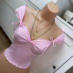 Pink Bow Square Neck Ruched Crop Top