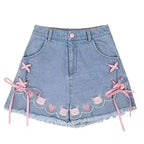 Cat Embroidery Pink Ribbon Denim Shorts
