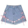Cat Embroidery Pink Ribbon Denim Shorts