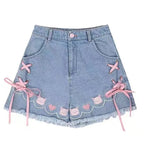Cat Embroidery Pink Ribbon Denim Shorts