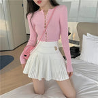 White Pleated D Metal Plate High Waist Mini Skirt