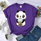 Cute Panda Bear Boba Bubble Milk Tea Graphic Cartoon Print Loose Short Sleeve T-shirt Aesthetic Casual Summer E-Girl Kawaii Korean Japanese Harajuku
