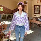 Fluffy Purple & White Plaid Cardigan