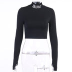 Black Rebel Letter Embroidery Turtleneck Crop Top Long Sleeve Shirt T-shirt Top Goth Punk Casual E-Girl Kawaii Korean Japanese Harajuku Streetwear