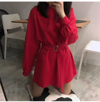 Cute Solid Color Long Sleeve T-shirt Shirt Dress With Belt Loose Oversized Woman Spring Autumn E-Girl Kawaii Korean Japanese Harajuku Retro Streetwear