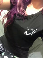Black Planet Star Print Casual Summer Crop Top Short Sleeve Tee Shirt T-shirt Top E-Girl Kawaii Korean Japanese Harajuku Streetwear