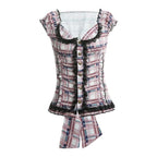 Plaid Ruffle Square V Neck Short Sleeve Top