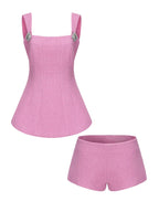 2PCs Pink Tweed Square Collar Top + Shorts Set