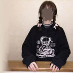Cute Black Bear Cartoon Print Loose Long Sleeve Hoodie Sweatshirt Sweater Pullover Jumper Punk Goth E-Girl Kawaii Korean Japanese Harajuku Streetwear