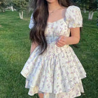 Floral Print Square Neck Puff Sleeve Dress