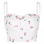 White Cherry Floral Embroidery Milkmaid Corset Top Summer Aesthetic Casual E-Girl Kawaii Korean Japanese Harajuku