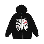 Retro Rib Skeleton Print Long Sleeve Hoodie Jacket Zipper Pullover Casual E-Girl Kawaii Korean Japanese Harajuku Streetwear