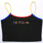 Cute Black Emotional Embroidery Crop Top Camisole Spaghetti Tank Shirt Tee T-shirt E-Girl Kawaii Korean Japanese Harajuku Retro Streetwear Aesthetic