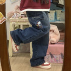 Kitty Cat Embroidery Wide Leg Denim Trousers