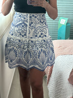 Blue Flower Embroidery Pleated Mini Skirt