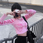 Cute Pink Kitty Cat Knit Loose Frill Long Sleeve Shirt Sweater Pullover Cardigan Aesthetic Casual Summer E-Girl Kawaii Korean Japanese Harajuku