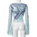 Starfish Mesh Graphic Print Flare Long Sleeve Shirt