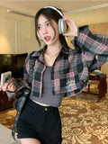 Pink & Black Plaid Cropped Long Sleeve Shirt
