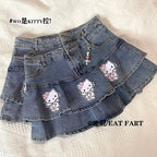 Cat Print Double A-Line Mini Skirt