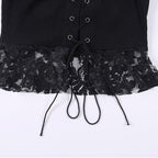 Sexy Black Goth Punk Lace Mesh Hallowout Eyelet Backless Transparent Patchwork T-shirt Top Corset E-Girl Kawaii Korean Japanese Harajuku Streetwear