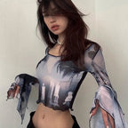 Y2K Punk Print Flare Long Sleeve Top