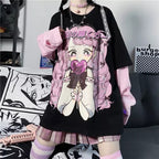 Cute Aesthetic Black Anime Girl Cartoon Print Short Sleeve Shirt Oversized Loose T-shirt Top Goth E-Girl Kawaii Korean Japanese Harajuku Streetwear