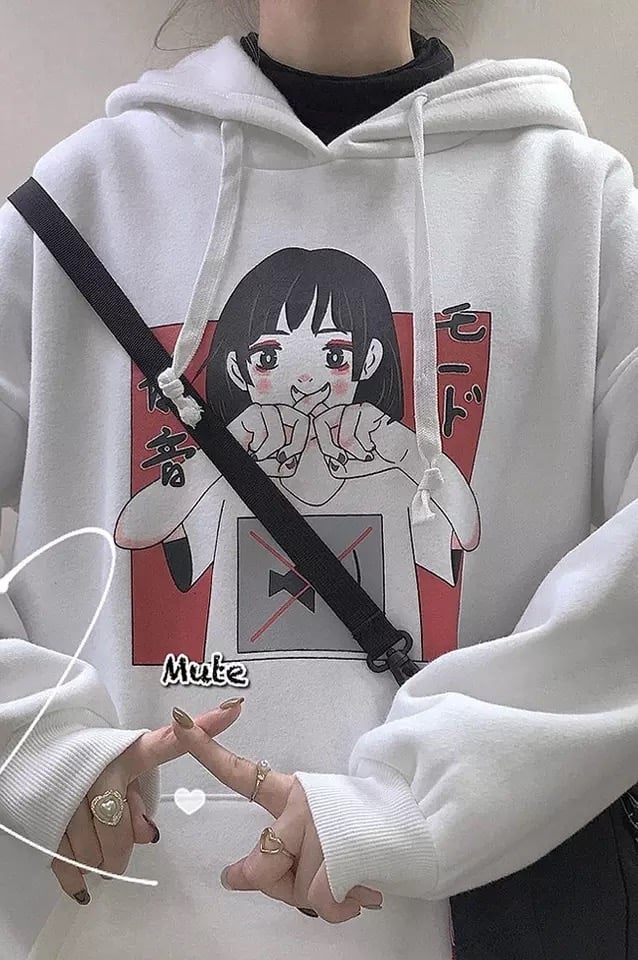 Anime Girl Cartoon Print Graphic White long Sleeve Hoodie Sweater Sweatshirt Pullover Top E-Girl Kawaii Korean Japanese Harajuku Streetwear