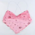 Cute Pink Blue Flower Print Mesh Halter Crop Top Blouse Sleeveless Shirt Club Party Summer Casual E-Girl Kawaii Korean Japanese Harajuku Streetwear