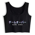 Cute Black Kanji Game Over Vaporwave Crop Top Tank Sleeveless Shirt Aesthetic Casual E-Girl Kawaii Korean Japanese Harajuku
