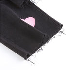 Cute Vintage Pink Heart Print Black Denim Jeans Straight High Waist Long Trouser Pants Autumn Casual E-Girl Kawaii Korean Japanese Harajuku Streetwear