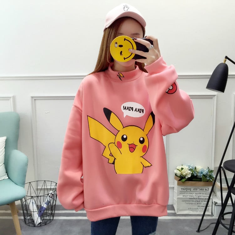Cute Pikachu Cartoon Oversized Sweater Turtleneck Long Sleeve Shirt Pullover Hoodie Sweatshirt E-Girl Kawaii Korean Japanese Harajuku Retro Streetwear