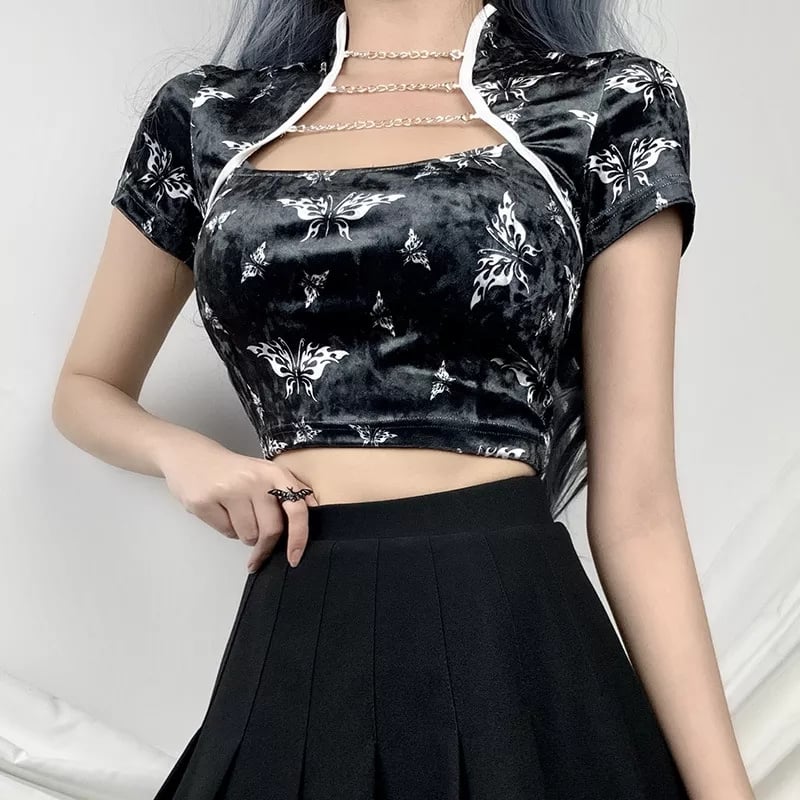 Cute Chinese Style Butterfly Crop Top Short Sleeve Shirt Blouse Summer Aesthetic Casual E-Girl Kawaii Korean Japanese Harajuku