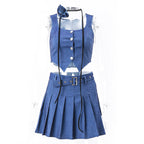 Blue Denim Button Vest + Pleated Mini Skirt
