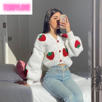 Cute White Strawberry Crochet Loose Cardigan Long Sleeve V Neck Sweater Aesthetic Casual Summer E-Girl Kawaii Korean Japanese Harajuku