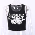 Black Skull Print Knit Ruffle Tank Top Cropped Sleeveless Shirt Causal Goth Punk Causal Summer E-Girl Kawaii Korean Japanese Harajuku Streetwear