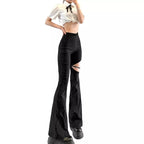 Cute Sexy Black High Waist Flare Trousers Cut Out Hollow Pants Summer Aesthetic Casual E-Girl Kawaii Korean Japanese Harajuku