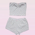 2PCS Pink Floral Print Frill Strapless Top + Shorts Set
