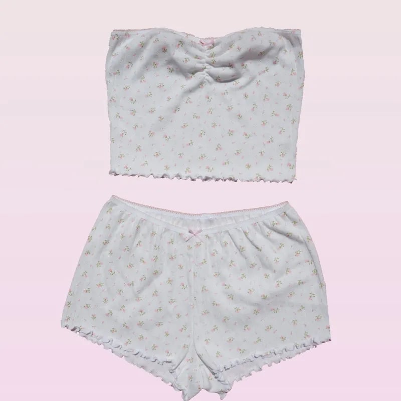 2PCS Pink Floral Print Frill Strapless Top + Shorts Set