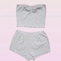 2PCS Pink Floral Print Frill Strapless Top + Shorts Set