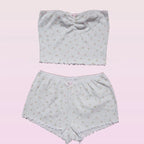 2PCS Pink Floral Print Frill Strapless Top + Shorts Set