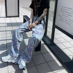 Cute Bunny Rabbit Cartoon Print High Waisted Denim Long Wide Leg Jeans Pants Trouser Aesthetic Casual Summer E-Girl Kawaii Korean Japanese Harajuku
