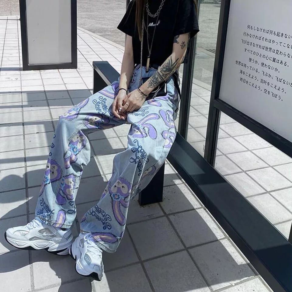 Cute Bunny Rabbit Cartoon Print High Waisted Denim Long Wide Leg Jeans Pants Trouser Aesthetic Casual Summer E-Girl Kawaii Korean Japanese Harajuku